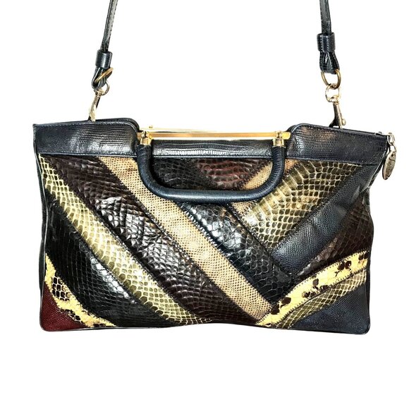Vintage Clutch / Shoulder Envelope Bag Navy Blue & Tan Snakeskin Patchwork - Picture 1 of 10